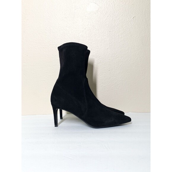 Stuart Weitzman Wren 75 Stretch Suede Booties 5 Black High Heel Pointed Toe - Picture 1 of 8